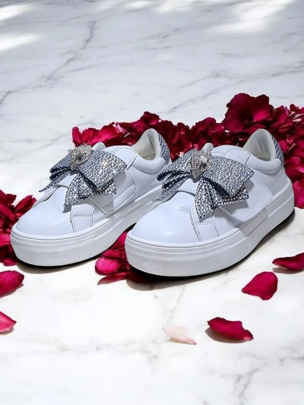 Kurt Geiger White Sneakers with Crystal Bow Embellishment